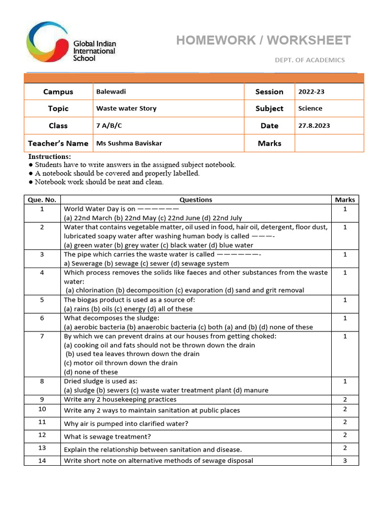 Waste Water Management Worksheet for Class 7 | PDF | Sewage Treatment ...