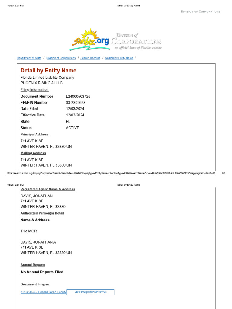 Florida LLC Registration: PHOENIX RISING AI | PDF
