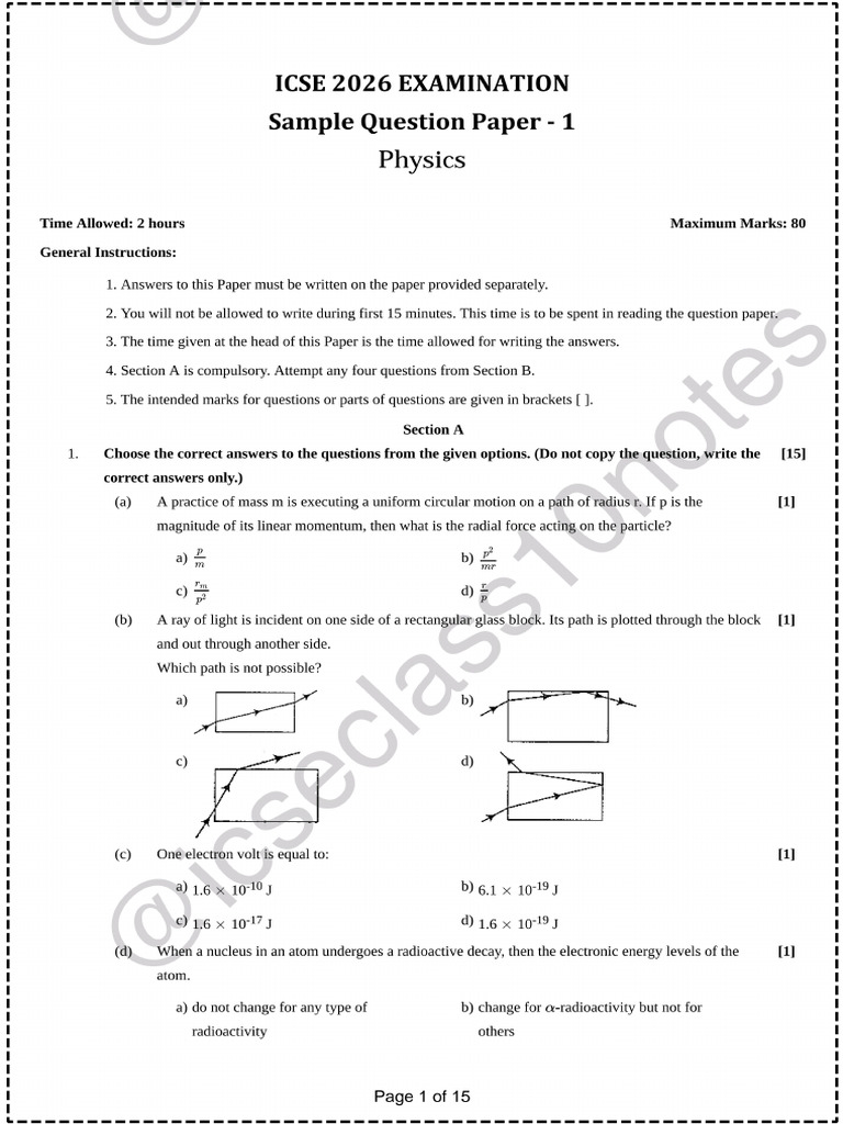 Physics Sample Paper 1 | PDF