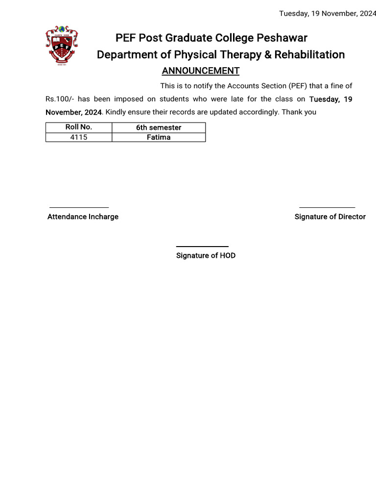 Fine Imposed for Late Attendance Notification | PDF