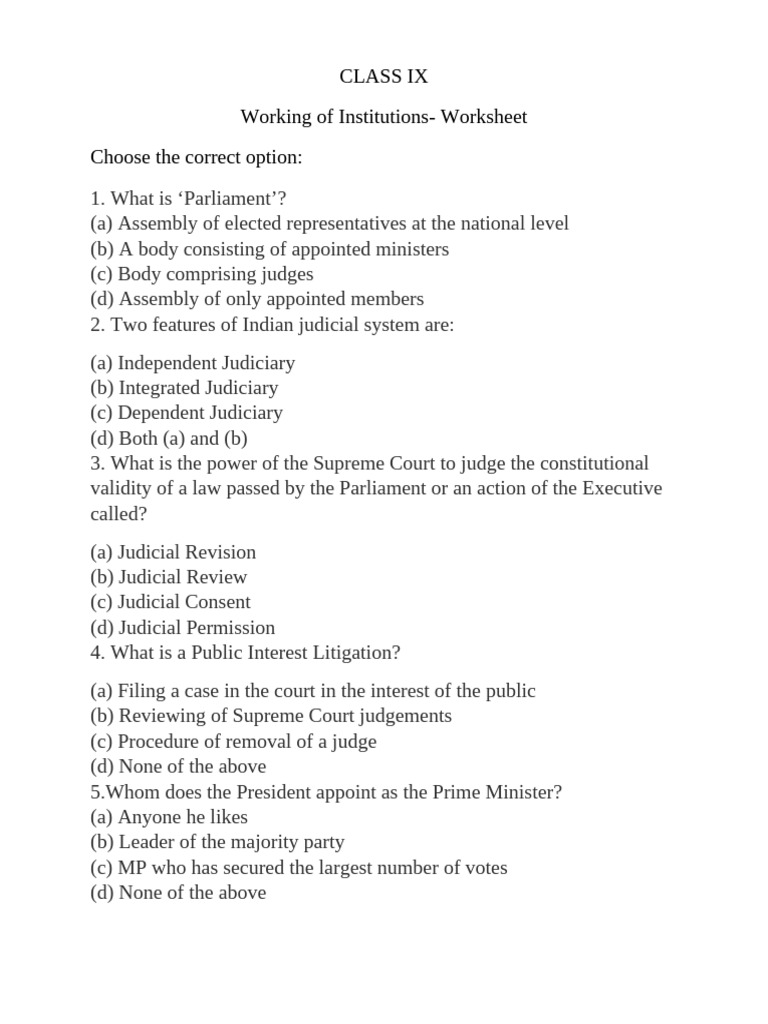 Class IX Institutions Worksheet | PDF | Separation Of Powers ...