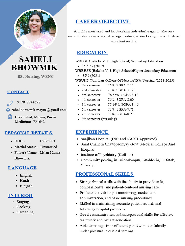 BSc Nursing CV of Saheli Bhowmik | PDF | Nursing | Health Care
