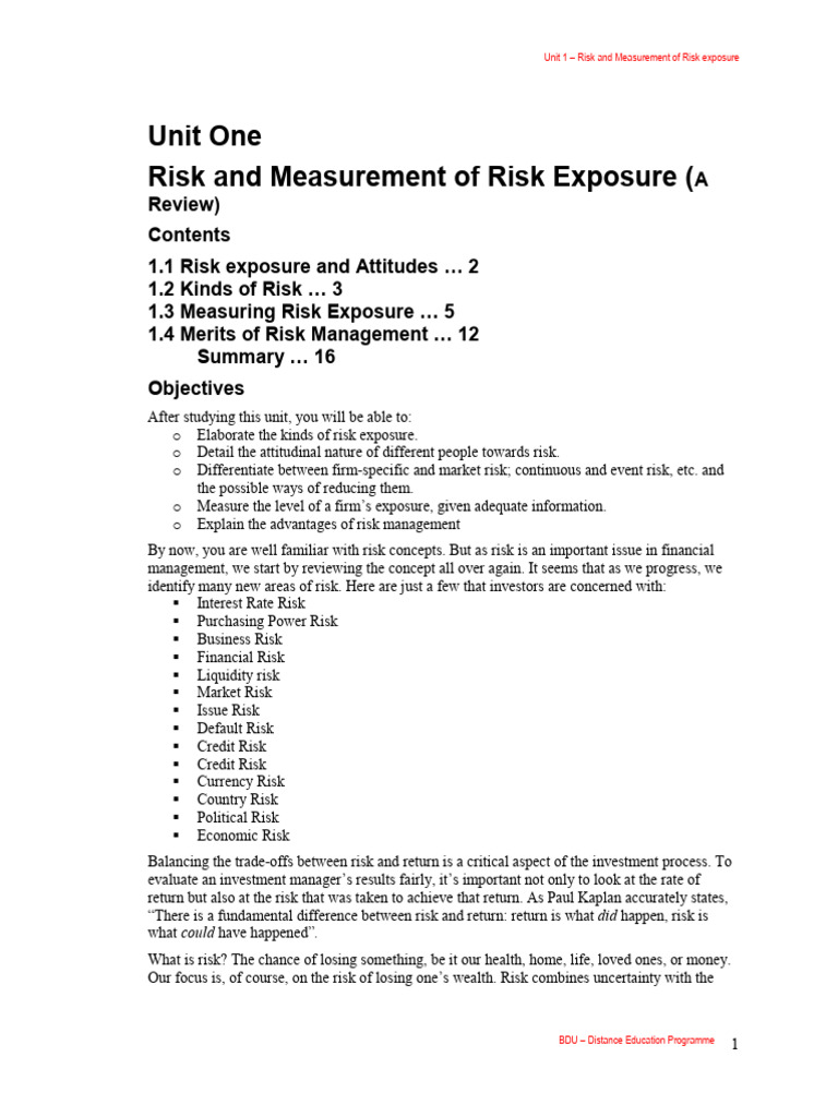 Unit One Risk and Measurement of Risk Exposure ( | PDF | Risk | Cost Of ...