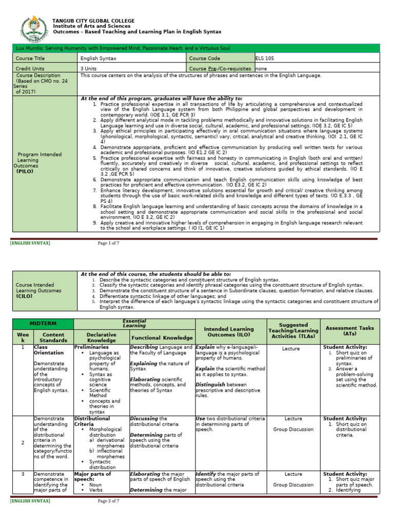 English Syntax Course Overview and Outcomes | PDF | Phrase | Part Of Speech