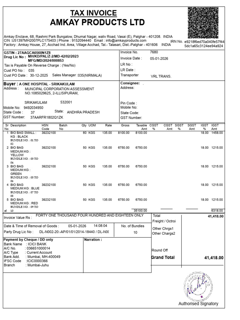 Tax Invoice for Bio Bags Sale | PDF | Payments | Cheque