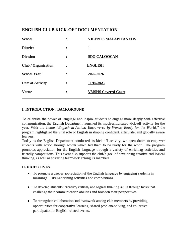 English Club Kick-Off 2025-2026 Guide | PDF | Education Theory | Social ...