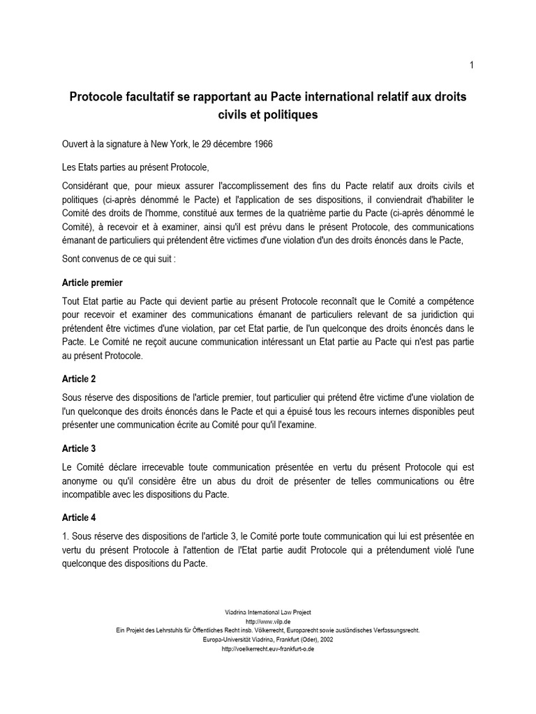 Protocole facultatif sur les droits civils | PDF | Convention ...