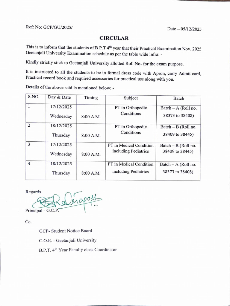 BPT IVth Year Practical Examination Nov 2025 Time Schedule | PDF