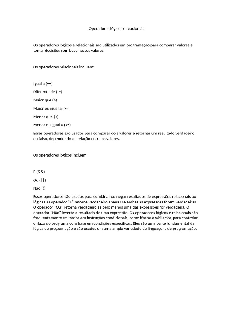 Operadores Lógicos e Relacionais em Programação | PDF