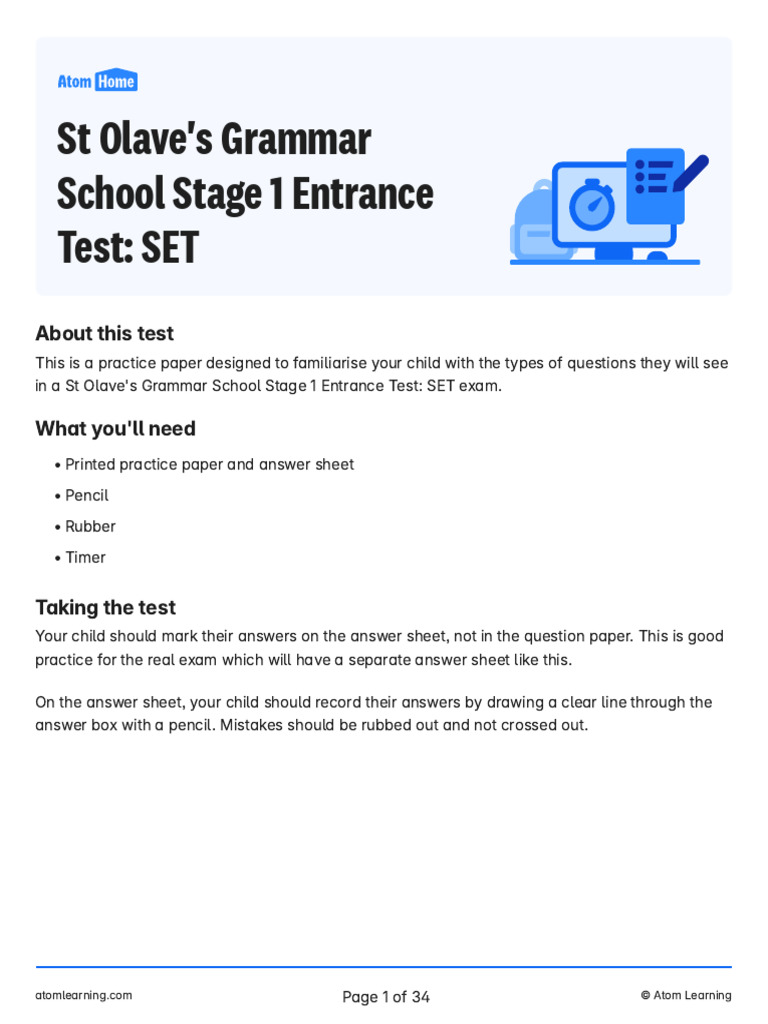 St Olave's Grammar School SET Practice Test | PDF