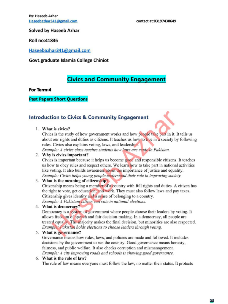 Civics and Community Engagement Past Papers Short Questions For Term 4 ...
