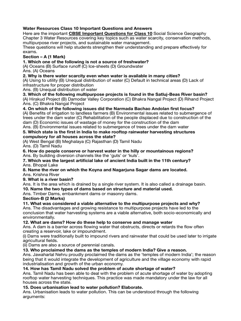 Class 10 Water Resources Q&A Guide | PDF | Water | Water Scarcity
