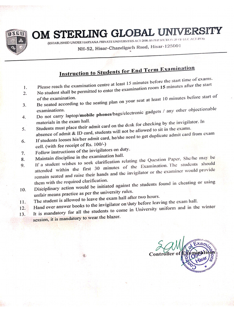 Instructions for Students During End Term Examination | PDF
