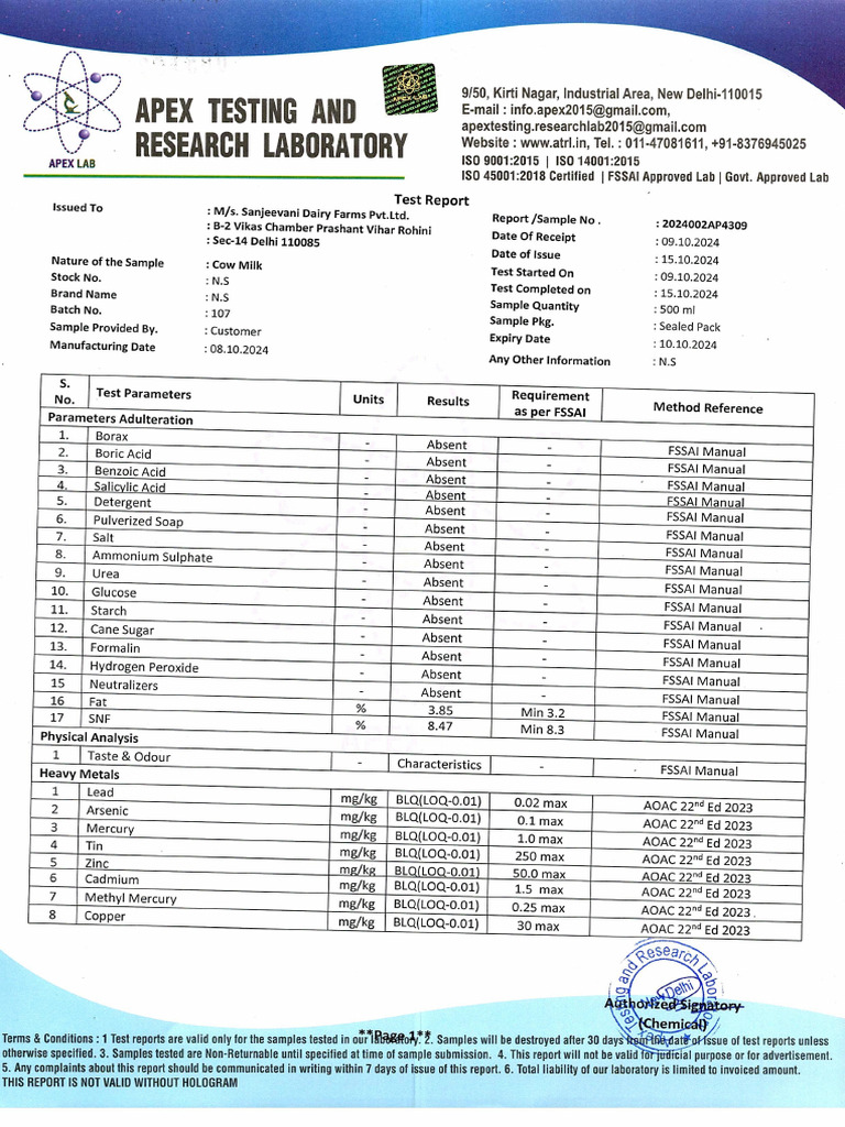 Milk Purity Test Report - Doodhvale Farms | PDF
