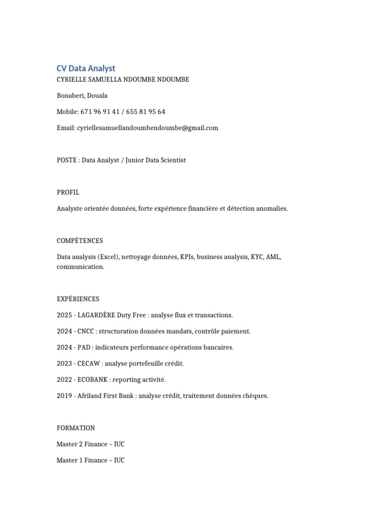 CV Data Analyst Junior Expert Finance | PDF