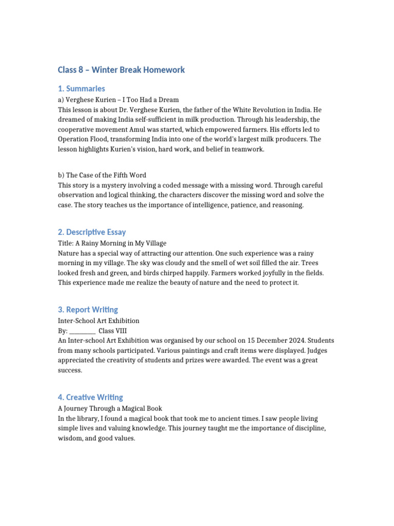 Class 8 Winter Break Homework Guide | PDF