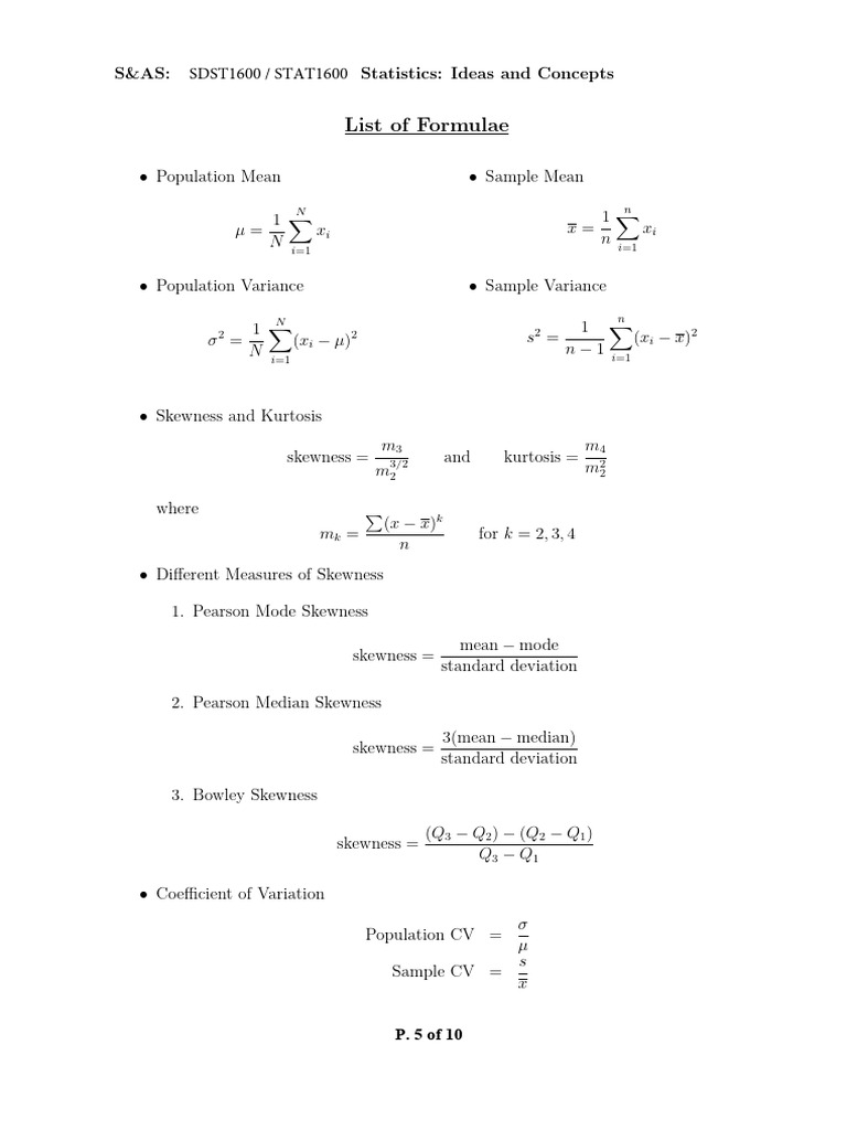 Key Statistical Formulas and Concepts | PDF | Skewness | Mode (Statistics)