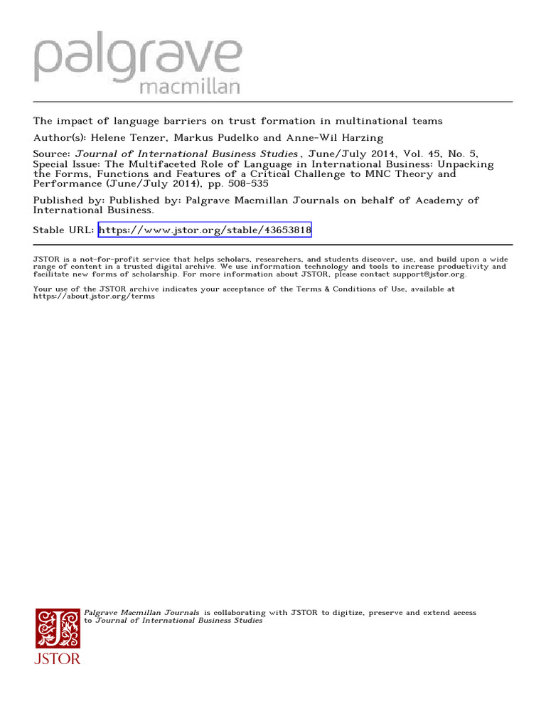 Tenzer-impactlanguagebarriers-2014 | PDF | Theory | Emotions
