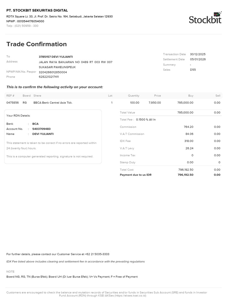 Stockbit Trade Confirmation for Devi Yulianti | PDF | Government ...
