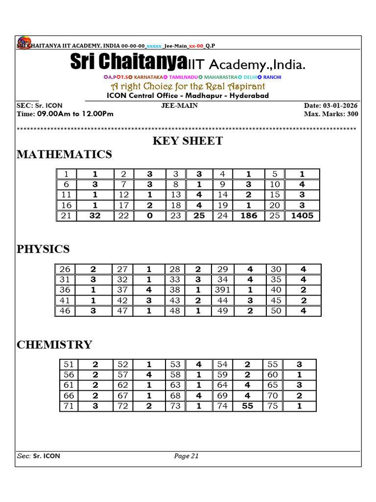 JEE Main 2026 Key Sheet - Sri Chaitanya | PDF