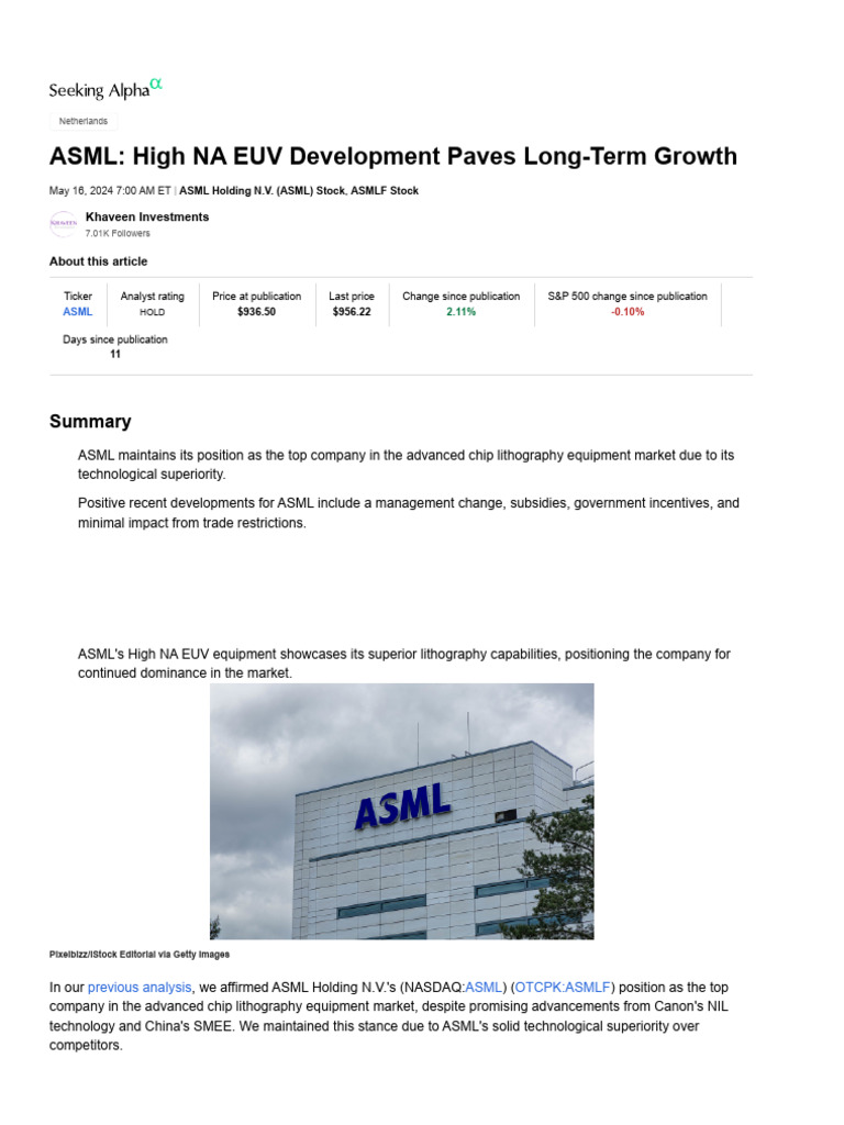 ASML's High NA EUV: Future Growth Insights | PDF | Photolithography ...