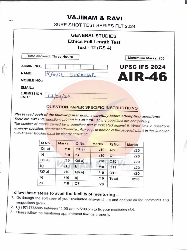 Rahul Shekhar Upsc Ifs 2024 Air 46 Gs 4 t 12 491cbaba48 | PDF