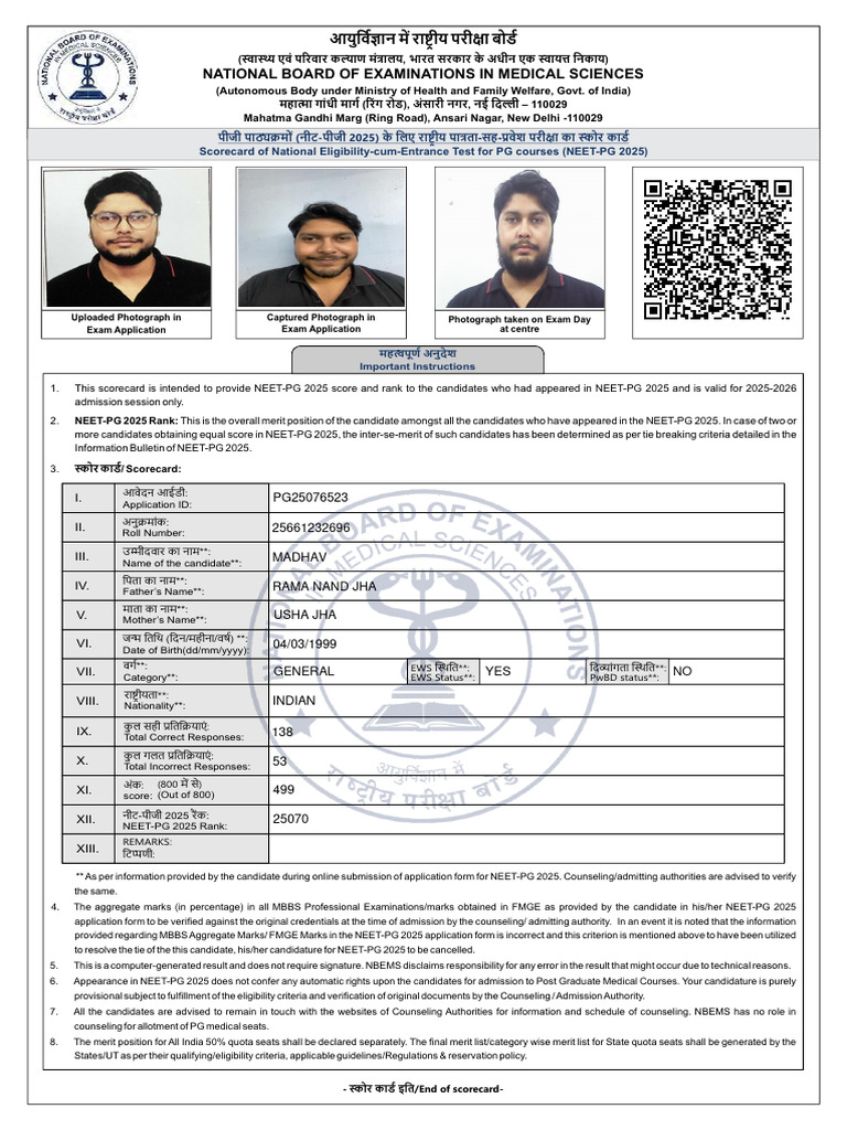 NEET-PG 2025 Scorecard Details | PDF | Educational Stages | Qualifications