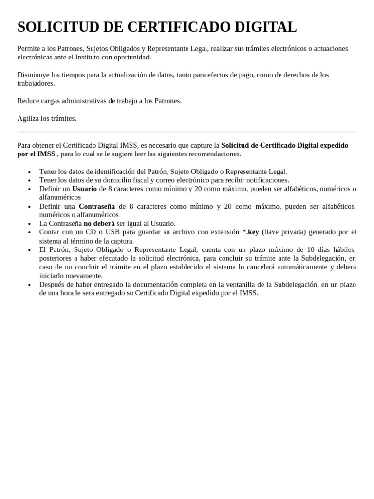 Solicitud de Certificado Digital IMSS | PDF