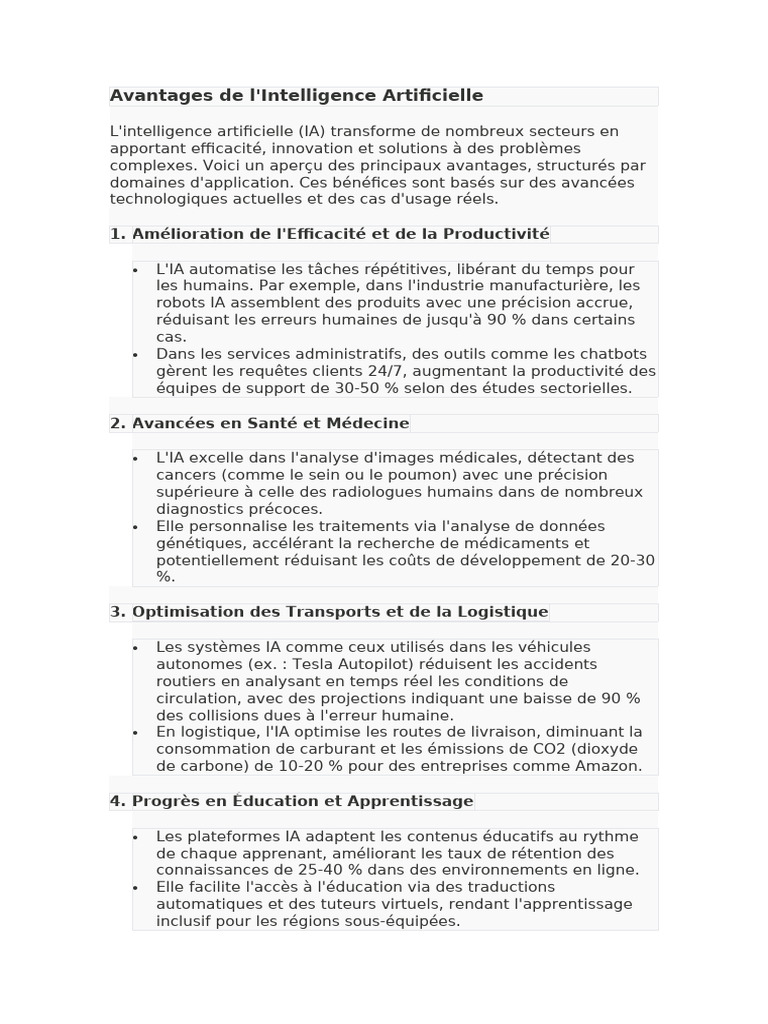 Avantages et Inconvénients de l'IA | PDF | Intelligence artificielle ...