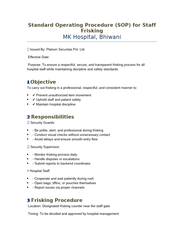 Staff Frisking SOP for MK Hospital | PDF