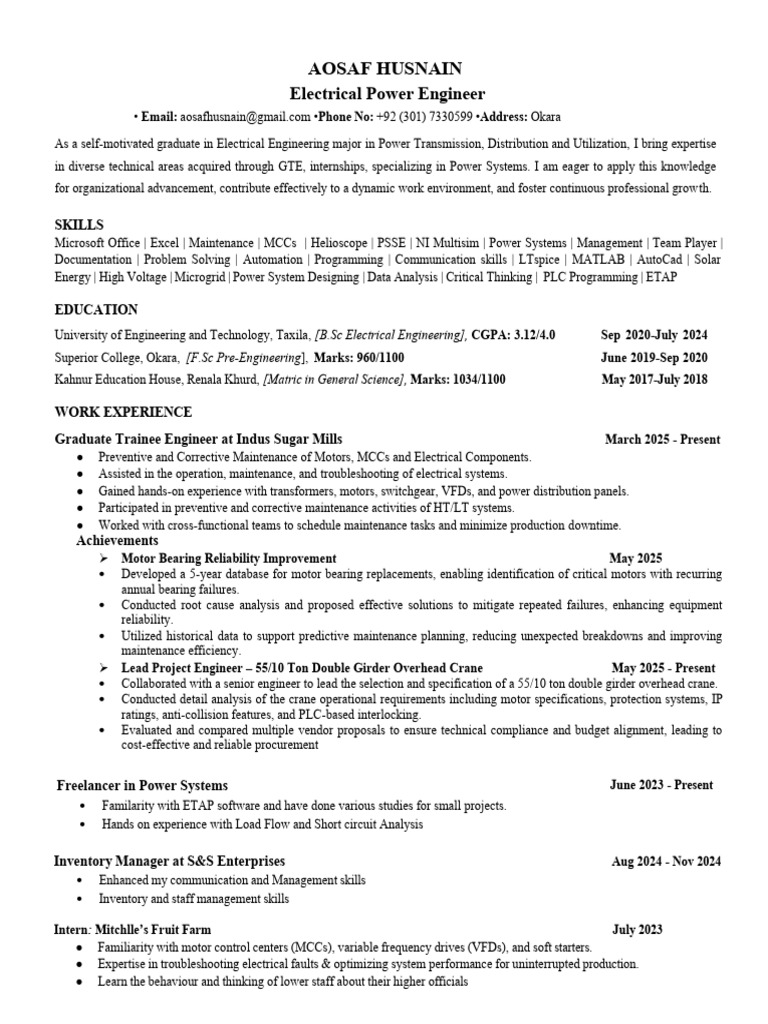 Electrical Power Engineer Resume | PDF | Automation | Electric Power