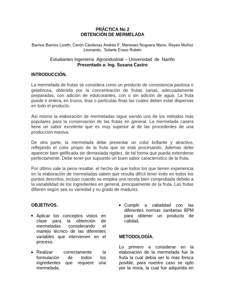 Elaboración de Mermelada de Mora 65 °Brix | PDF | Fruta | Agua