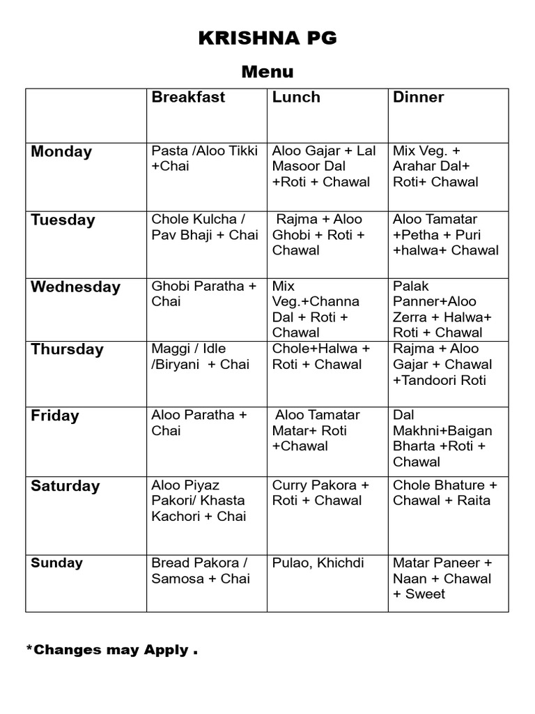 Weekly Menu for Krishna PG Dining | PDF