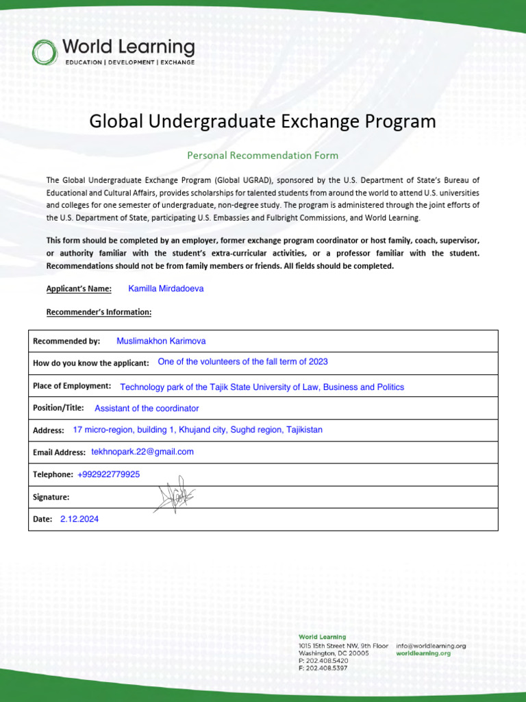 Global UGRAD Recommendation Form | PDF | United States Department Of State