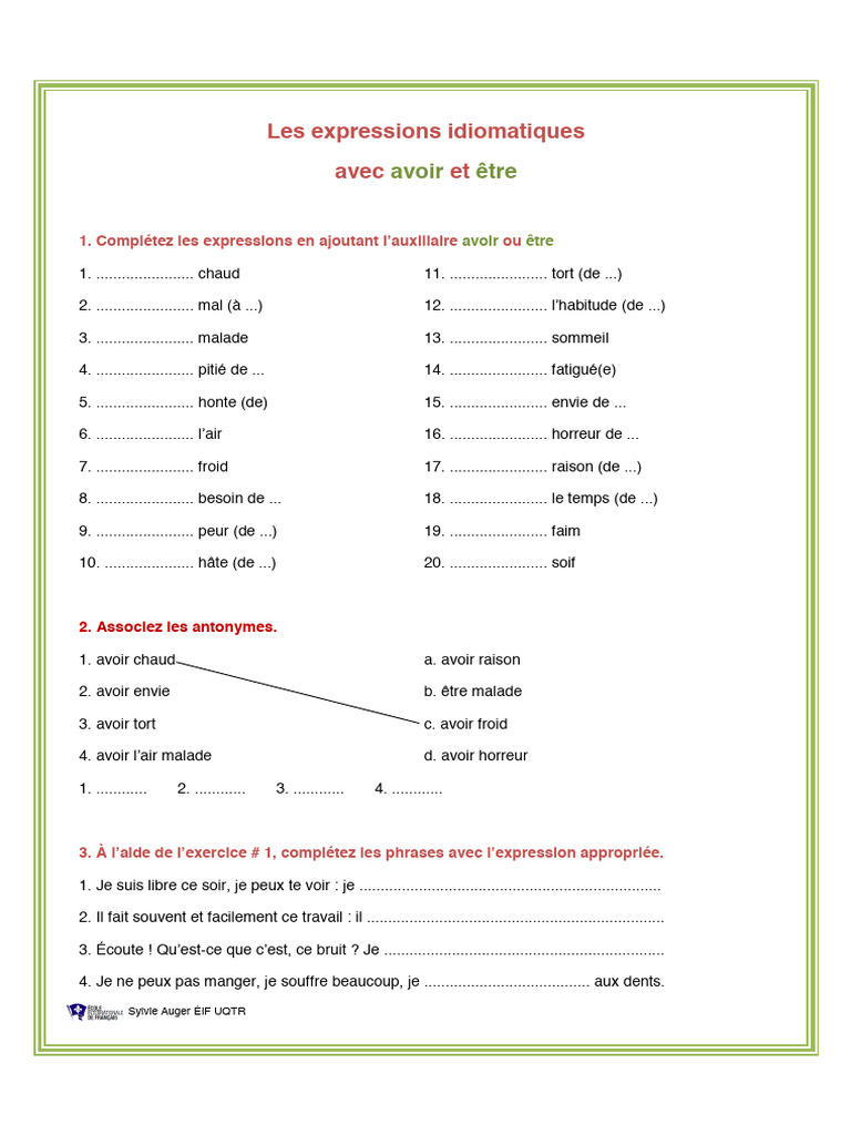 Expressions idiomatiques avec avoir et être | PDF | Ouverture (échecs ...