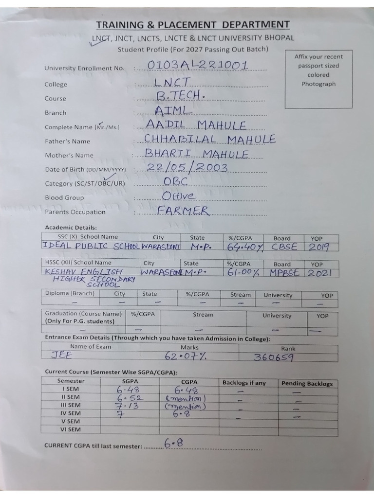 Sample of T&P Data Form | PDF