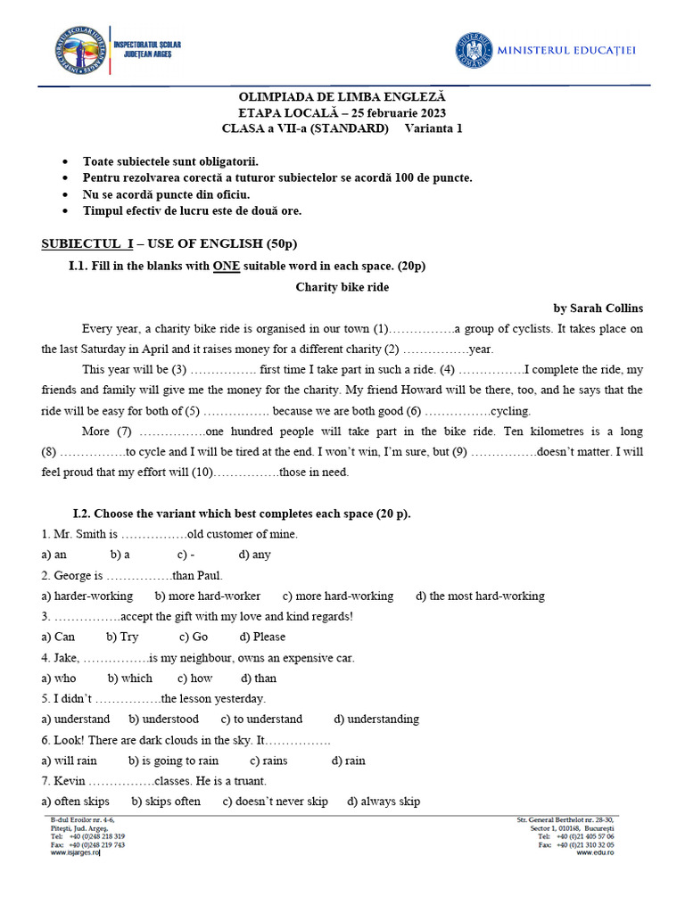 English Olympiad Class VII 2023 Exam | PDF | Vocabulary | Essays