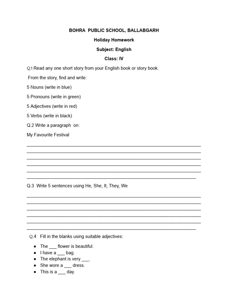Class IV Holiday Homework Guide | PDF | Water | English Language
