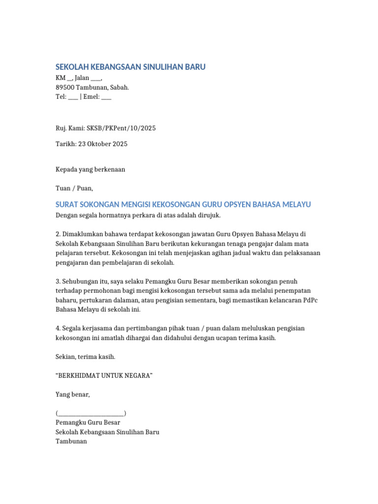 Surat Sokongan Kekosongan BM SKSB | PDF