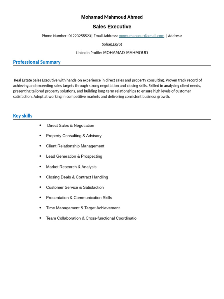Real Estate Sales Executive Profile | PDF | Marketing | Sales