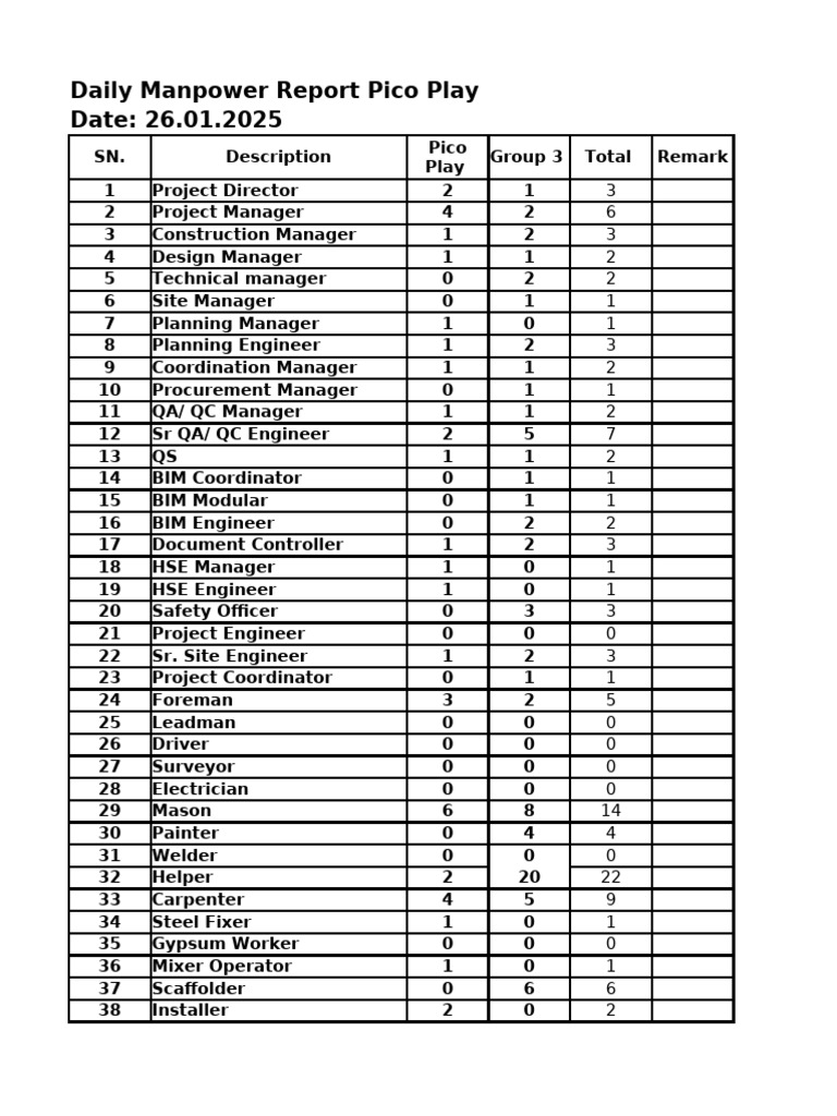Daily Manpower Report for Pico Play | PDF