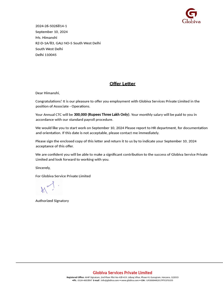 Job Offer Letter for Operations Associate | PDF | Salary | Payroll
