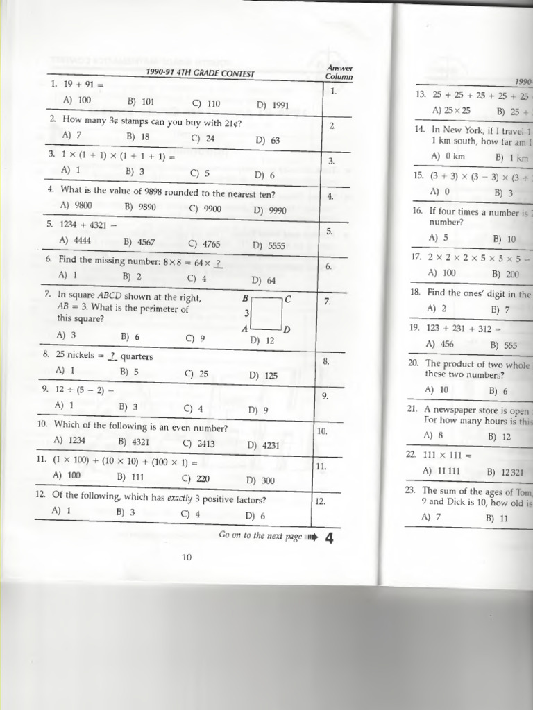 1990-91 4th Grade Math Contest Questions | PDF | Chess Theory | Chess