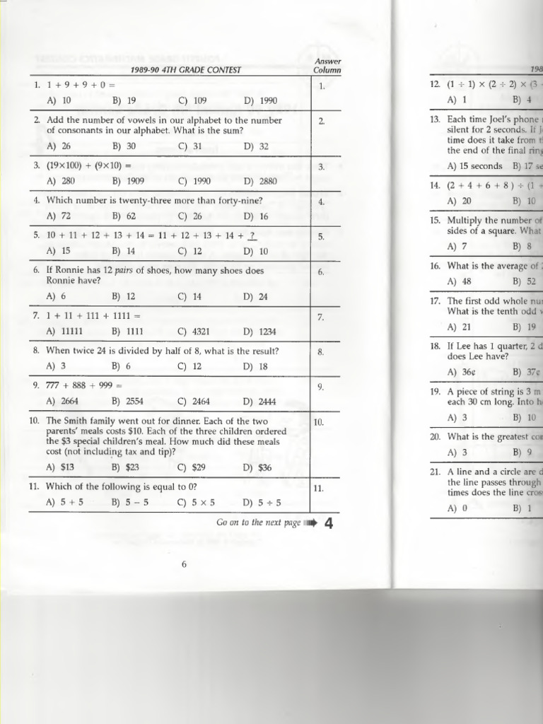 1989-90 4th Grade Math Contest Questions | PDF | Chess | Chess Theory