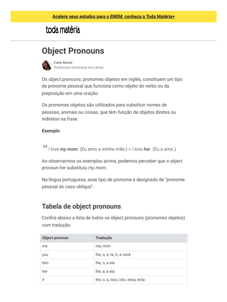 Pronomes Objetos em Inglês: Guia Completo | PDF | Mecânica da linguagem ...