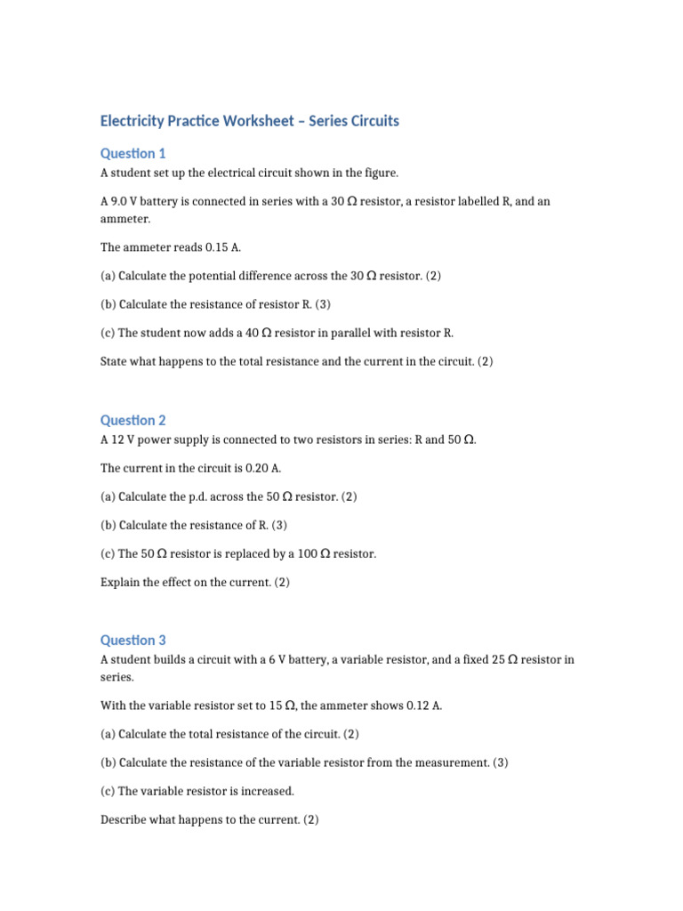 Series Circuit Electricity Worksheet | PDF | Series And Parallel ...