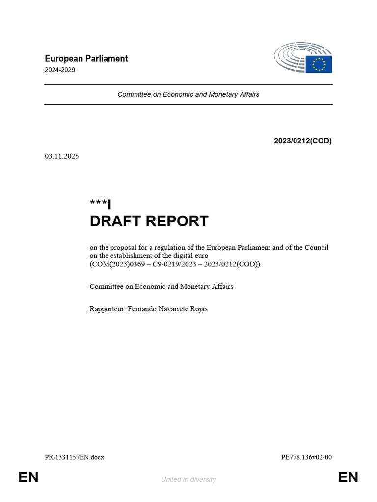 Digital Euro Regulation Draft Report | PDF | Euro | Money