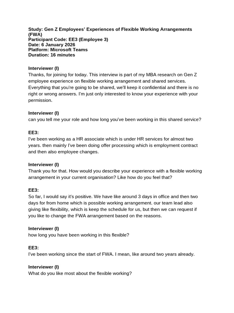 EE3 - MBA Research Interview – Flexible Working Arrangements | PDF