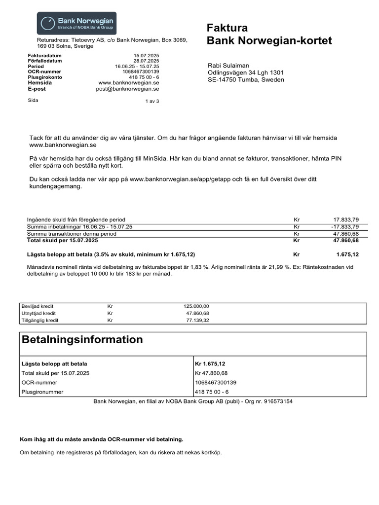 Bank Norwegian Invoice Summary | PDF | Finance & Money Management | Credit