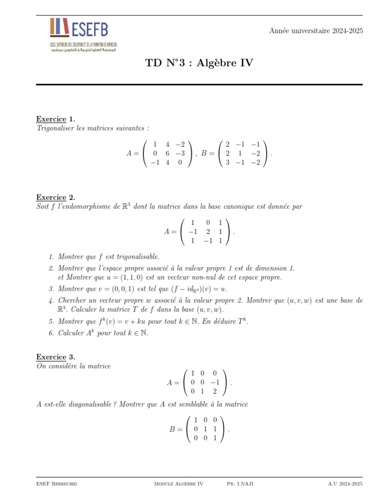 Exercices d'Algèbre IV : Trigonalisation et Diagonalisation | PDF ...